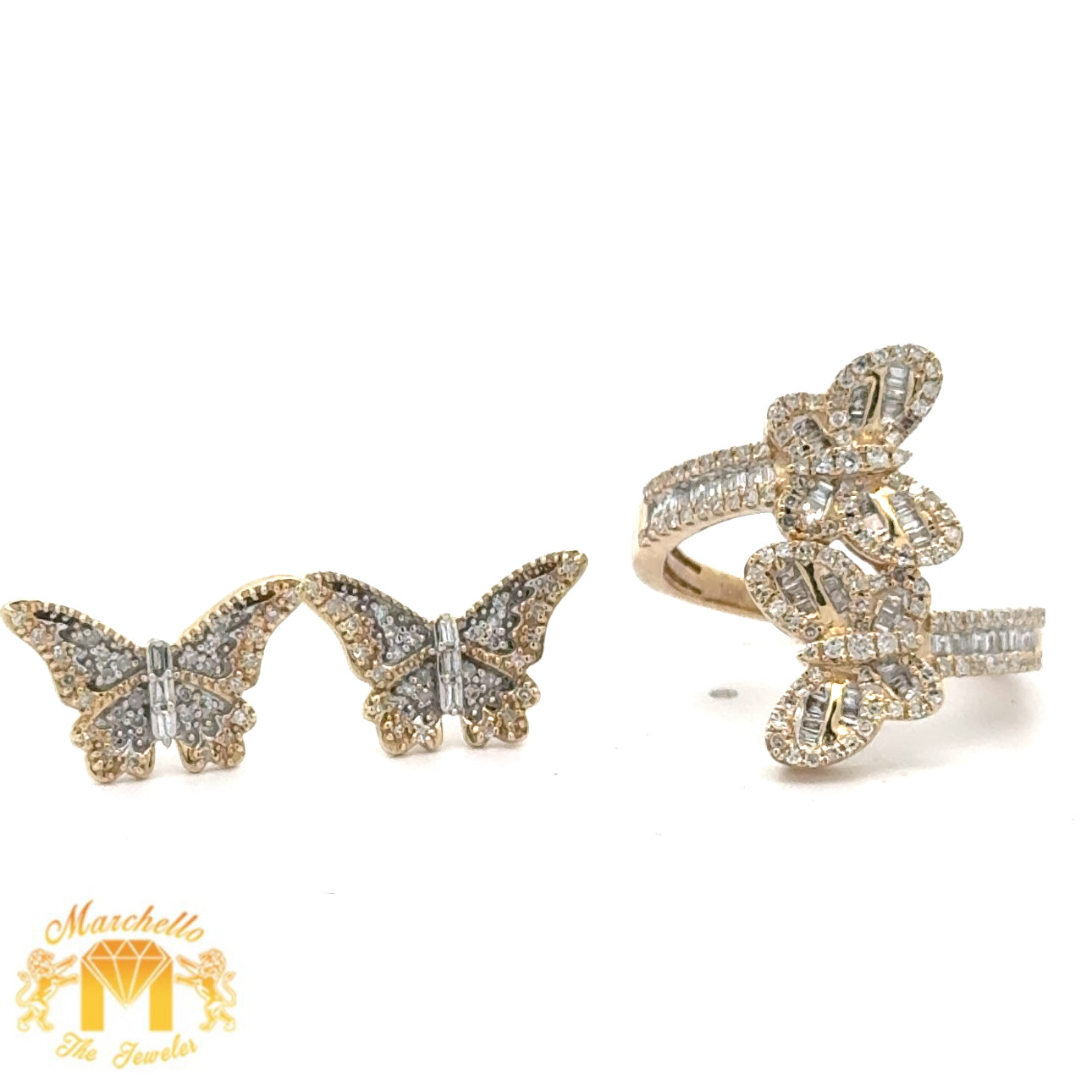 4 piece deal: 6.09ct diamonds and gold Butterfly Necklace+ Gold and Diamond Butterfly Ring and Earrings + Gift