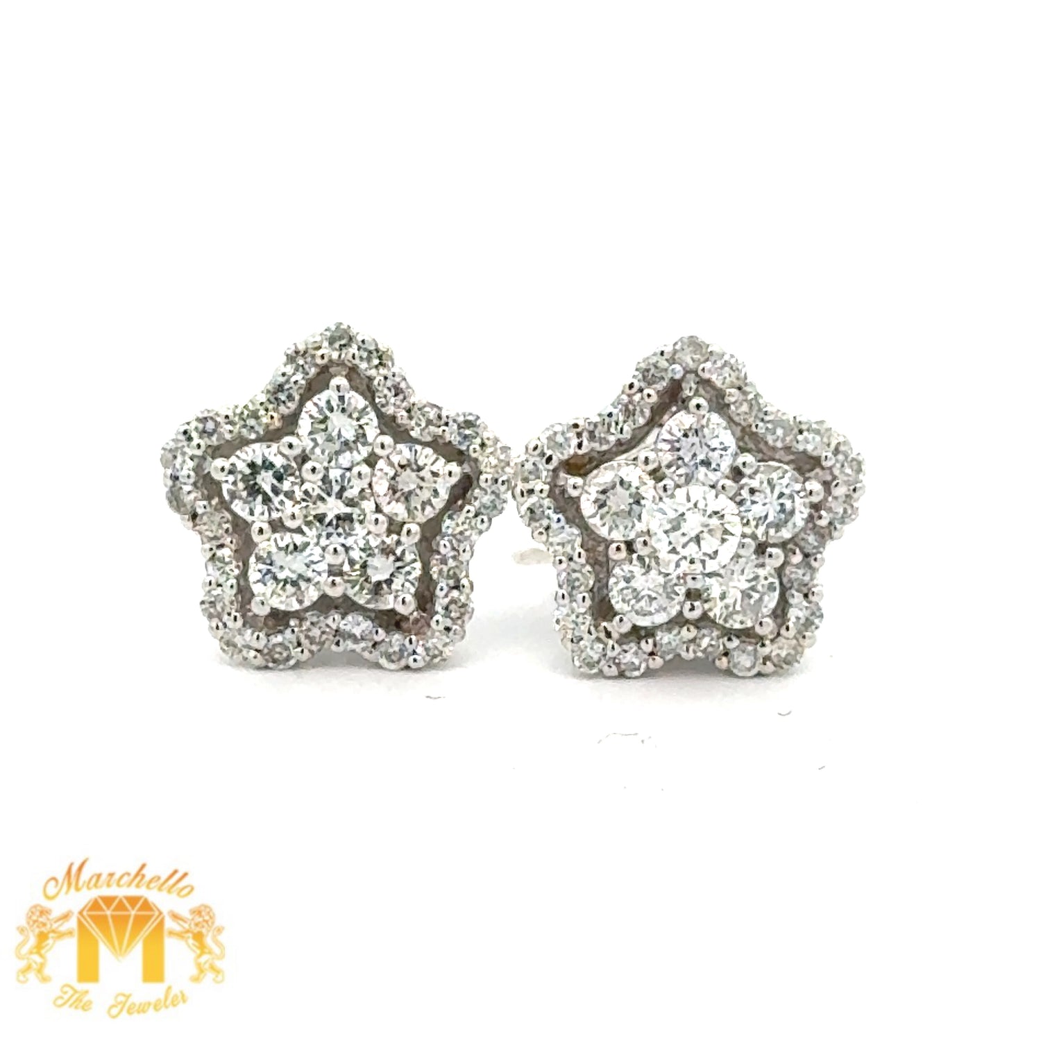 14k White Gold and Diamond Star Earrings with Round Diamonds