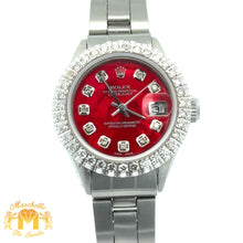 Load image into Gallery viewer, 26mm Ladies` Rolex Diamond Watch with Stainless Steel Oyster Bracelet (custom red mother of pearl diamond dial, custom diamond bezel)