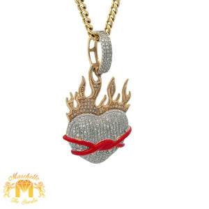 Yellow Gold and Diamond Heart on Fire Pendant and Yellow Gold Cuban Chain