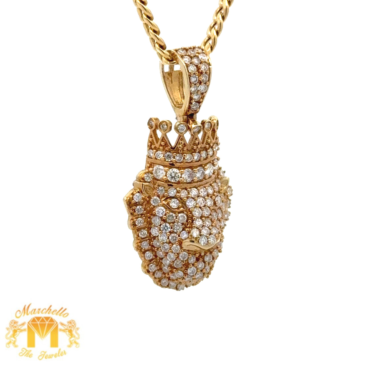 14k Yellow Gold and Diamond King Lion with Round Diamonds and 14k Yellow Gold Cuban Link Chain
