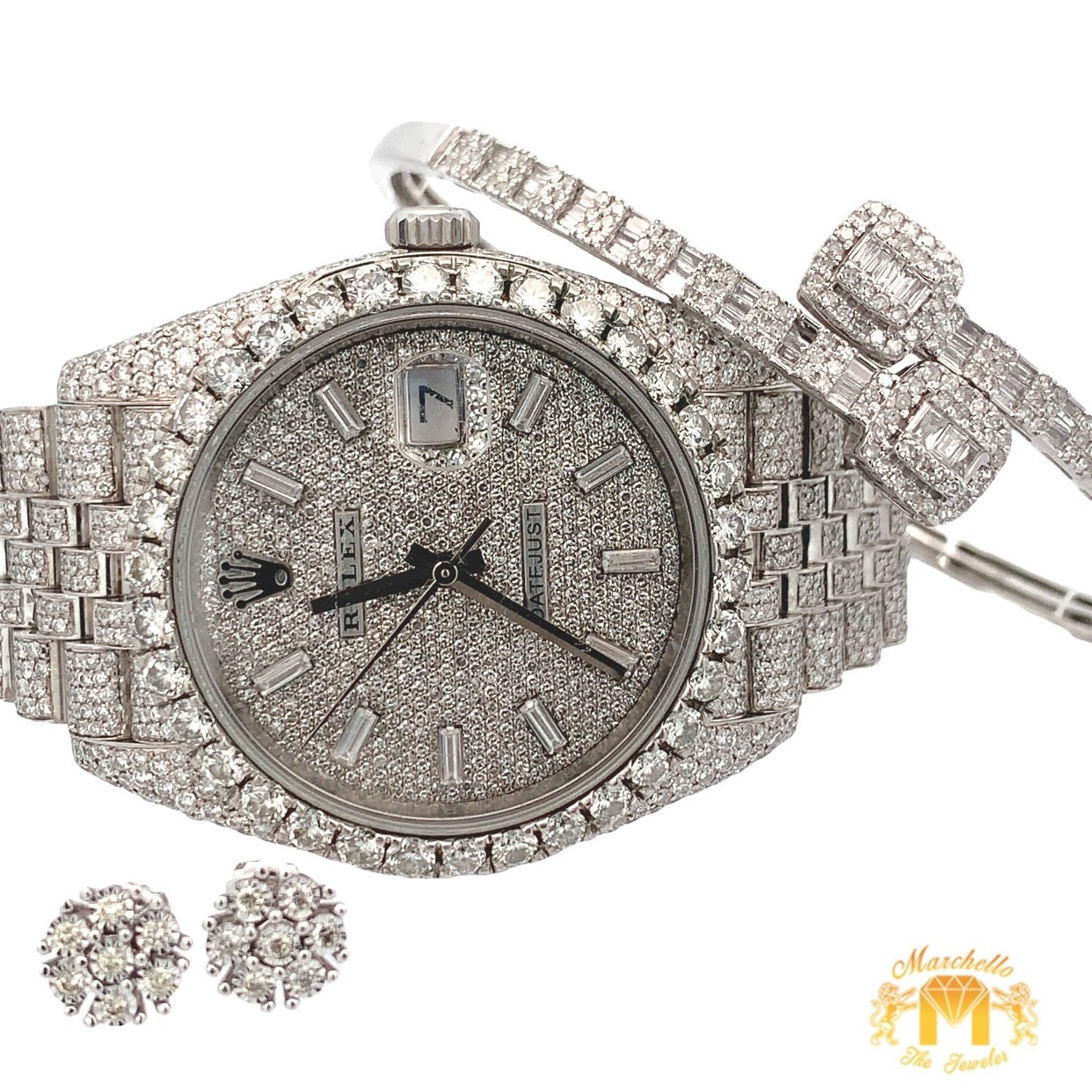 Model: 126300 Iced out 41mm Big Face Rolex Watch with Stainless Steel Jubilee Band + White Gold & Diamond Twin Square Band + White Gold & Diamond Flower Earrings + Gift