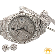 Load image into Gallery viewer, 4 piece deal: Iced out 41mm Big Face Rolex Watch with Stainless Steel Jubilee Bracelet + White Gold and Diamond Twin Square Bracelet + White Gold and Diamond Flower Earrings + Gift from Marchello the Jeweler