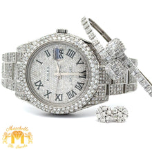 Load image into Gallery viewer, 4 piece deal: 41mm Iced out Rolex Datejust 2 Oyster Band + White Gold and Diamond Twin Square Bracelet + White Gold and Diamond Flower Earrings + Gift from Marchello the Jeweler