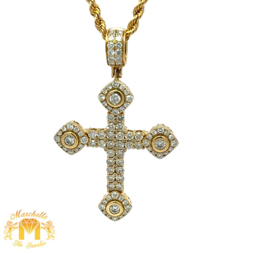 14k Yellow Gold and Diamond Cross Pendant with Round Diamonds and 14k Yellow Gold Rope Chain Set