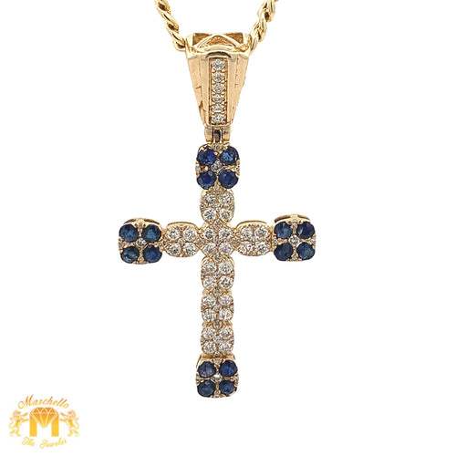 14k Yellow Gold and Diamond Blue Sapphires Cross Pendant and Yellow Gold Cuban Link Chain Set