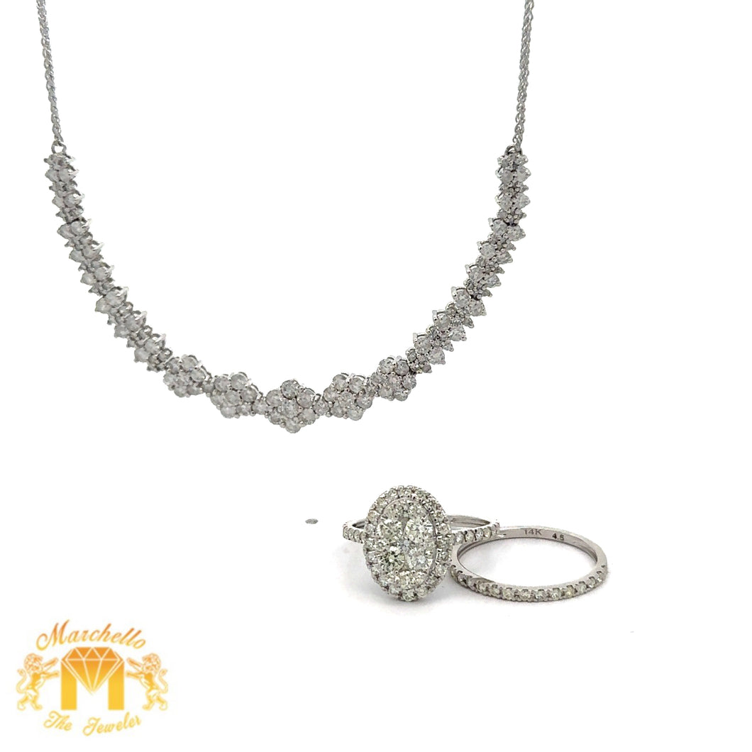 6 piece deal: 14k white gold and diamond V shape Flower design Fancy Necklace + 2-piece set Ring + Complimentary earrings + 2 gifts from MTJ