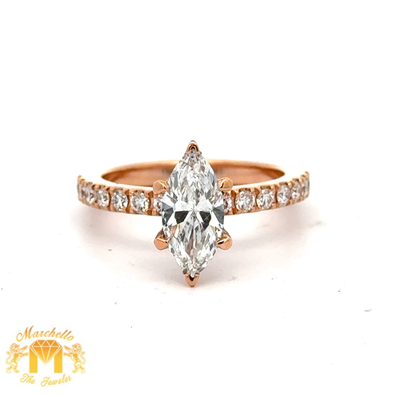 18k Rose Gold and Diamond Engagement Ring with Marquise and Round Diamonds