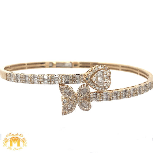 Yellow Gold and Diamond Butterfly & Heart Bangle Bracelet with Round and Baguette Diamonds