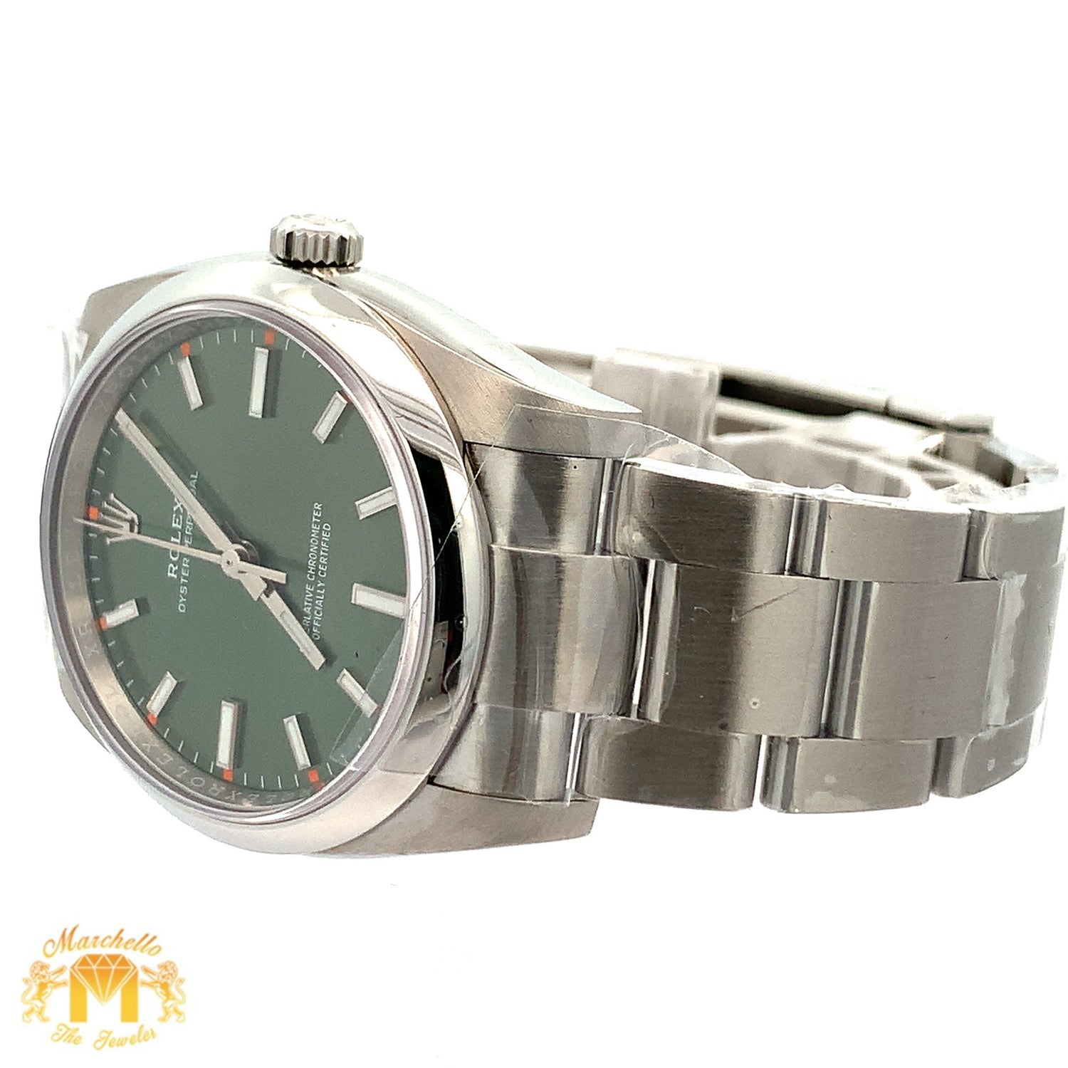 34mm Rolex Watch with Stainless Steel Oyster Bracelet (smooth bezel, olive dial)