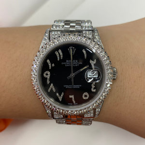 7ct Diamond Iced out 36mm Rolex Watch with Stainless Steel Jubilee Bracelet (black dial with diamonds)