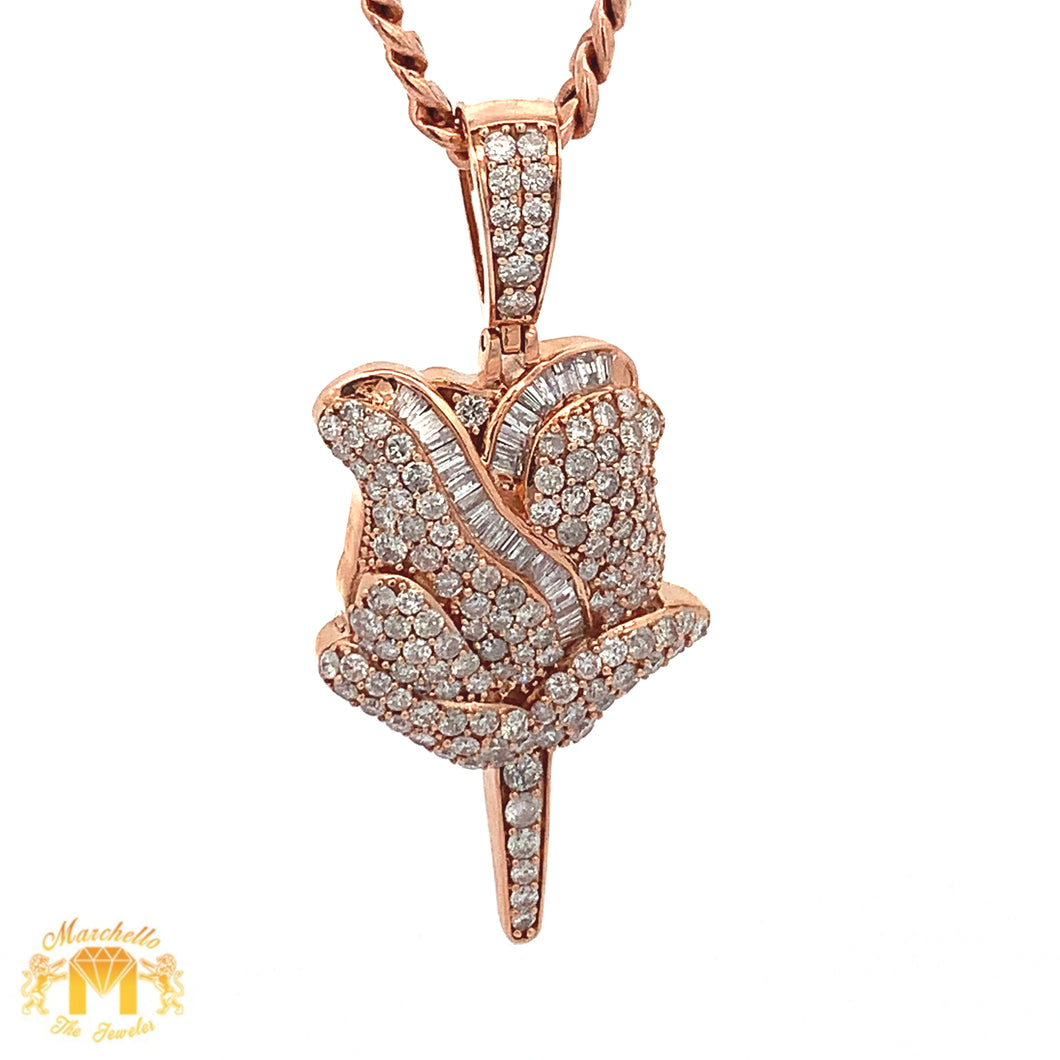 14k Gold and Diamond Extra Large Rose Pendant and 14k Gold Cuban Link Chain Set (choose your color)