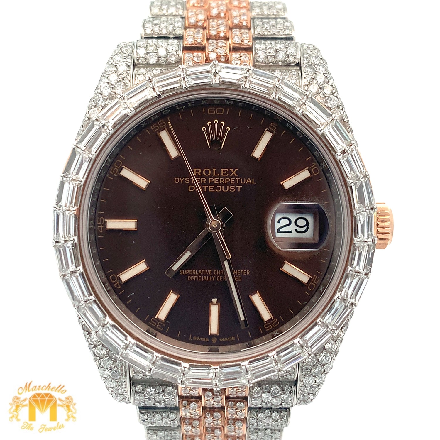 41mm Iced out Rolex Watch with Two-Tone Jubilee Bracelet (chocolate dial)