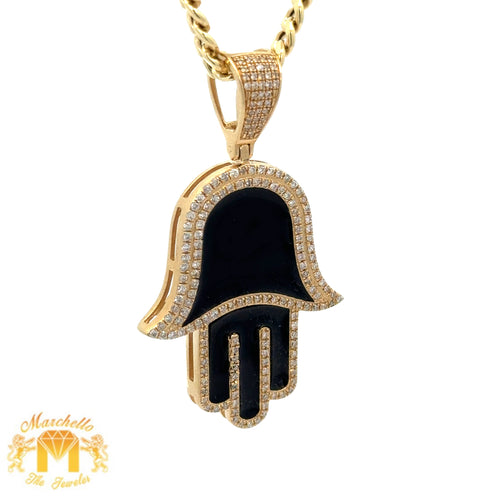 14k Yellow Gold Onyx and Diamond Hamsa Pendant and Yellow Gold Cuban Link Chain