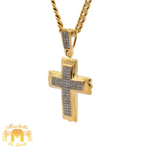 Load image into Gallery viewer, Yellow Gold and Diamond Cross Pendant with Round Diamonds and Yellow Gold Cuban Link Chain