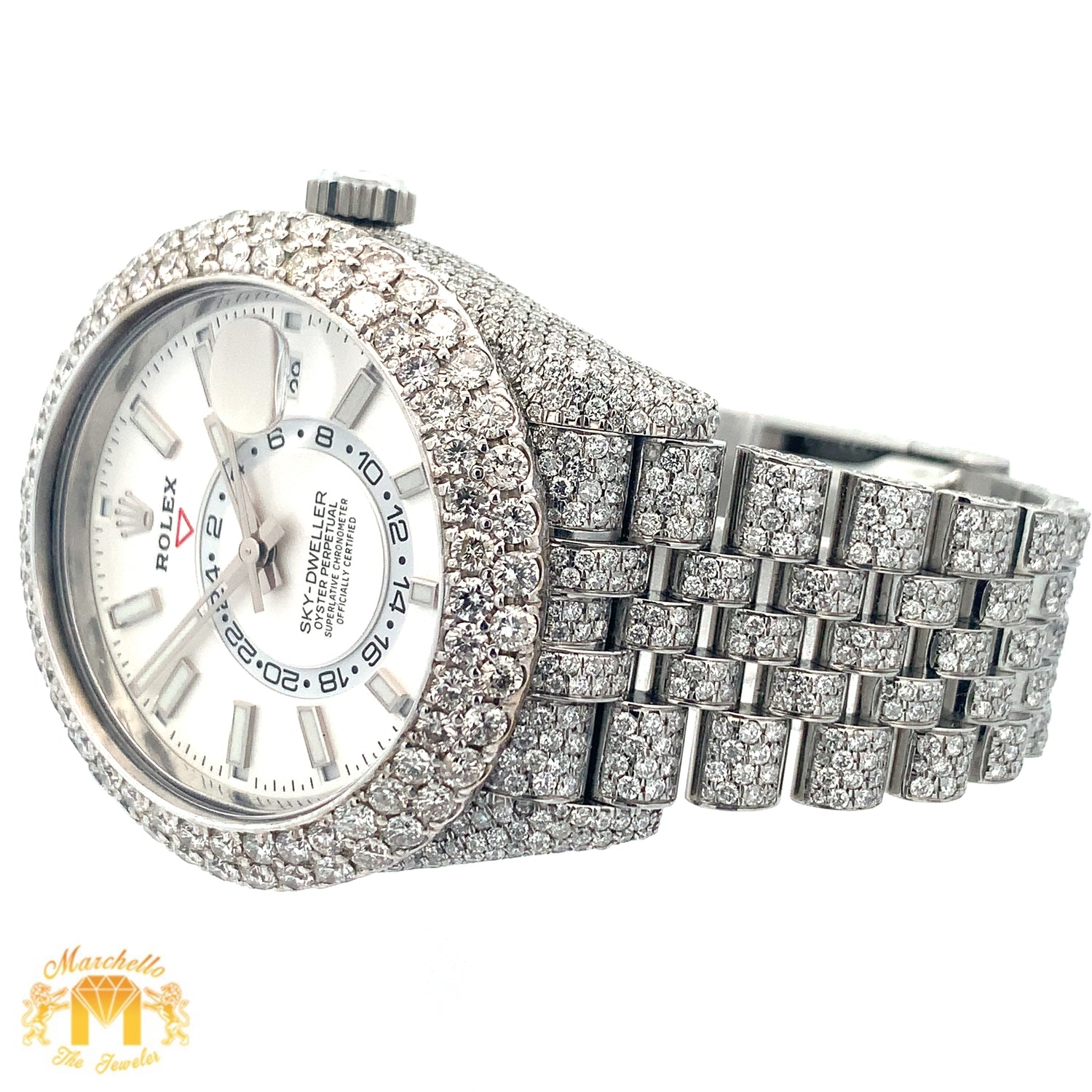 Iced out 42mm Rolex Sky-Dweller Watch with Stainless Steel Jubilee Bracelet