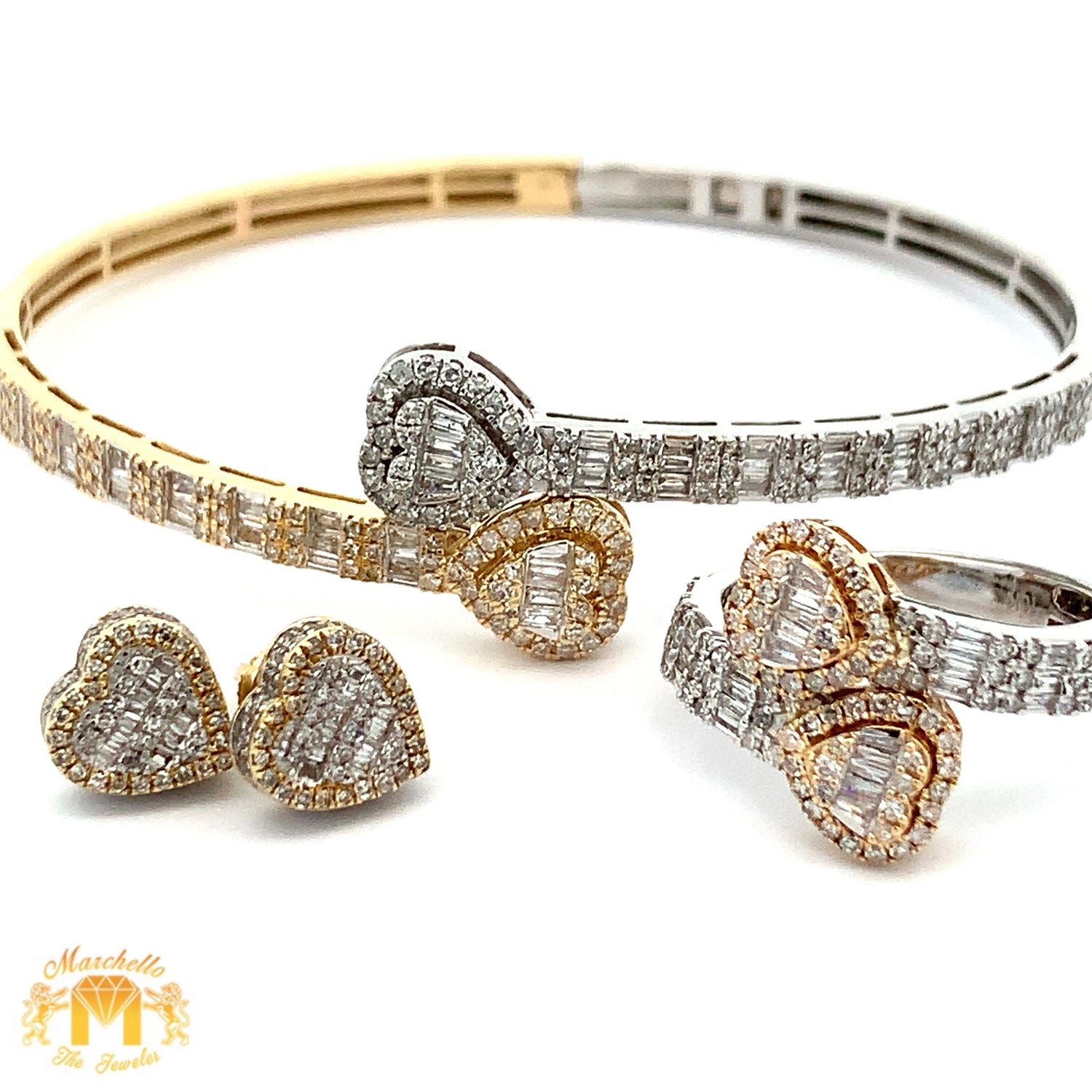 4 piece deal: Two-Tone Gold Twin Heart Cuff Diamond Bracelet + Two-Tone Gold Twin Heart Diamond Ring Set+ Diamond & Gold Heart Earrings + Gift from Marchello the Jeweler  (VALENTINE`S DAY SPECIAL)
