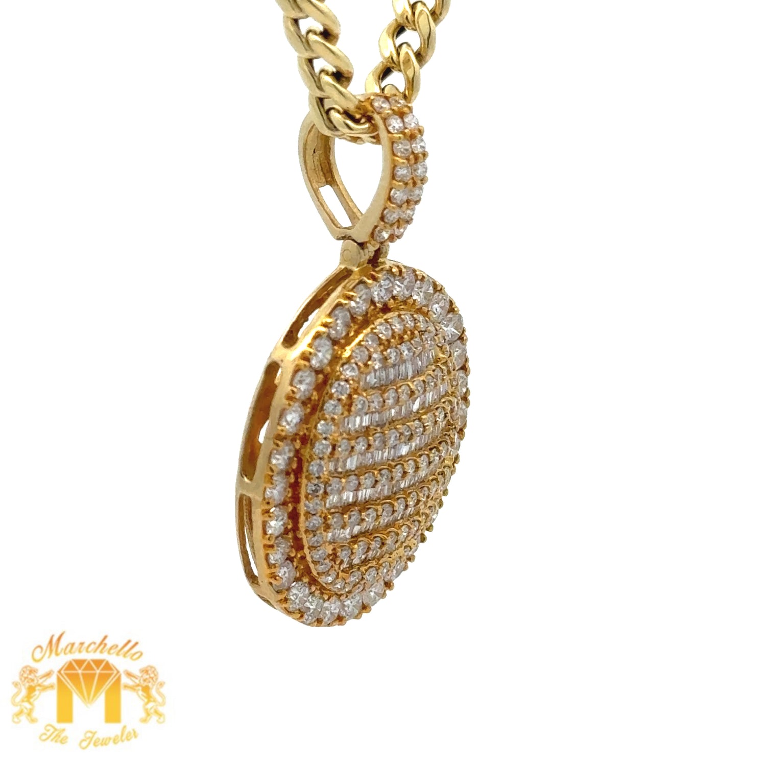 14k Yellow Gold and Diamond Oval Shaped Pendant and 14k Yellow Gold Cuban Link Chain Set