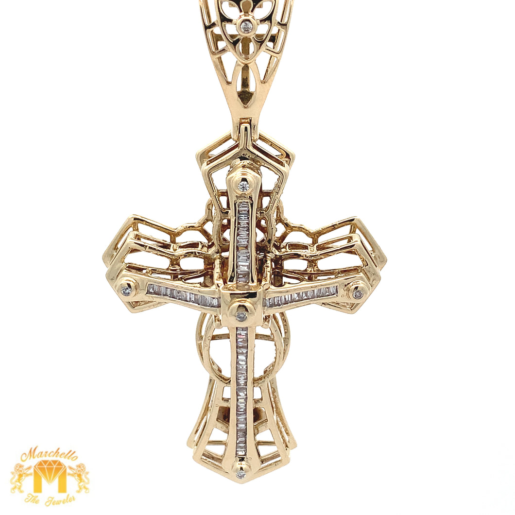 Yellow Gold and Diamond Cross Pendant with Baguette and Round Diamonds