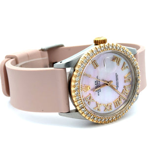 36mm Rolex Datejust Diamond Watch with Pink Rubber Band (diamond bezel, mother of pearl (MOP) diamond dial)