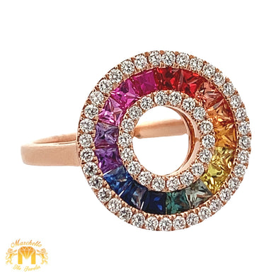 18k Solid Rose Gold and VS clarity & EF color diamonds Round Shaped Ring with Multicolored Sapphires