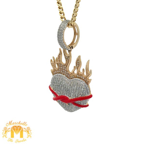 Yellow Gold and Diamond Heart on Fire Pendant and Yellow Gold Cuban Chain