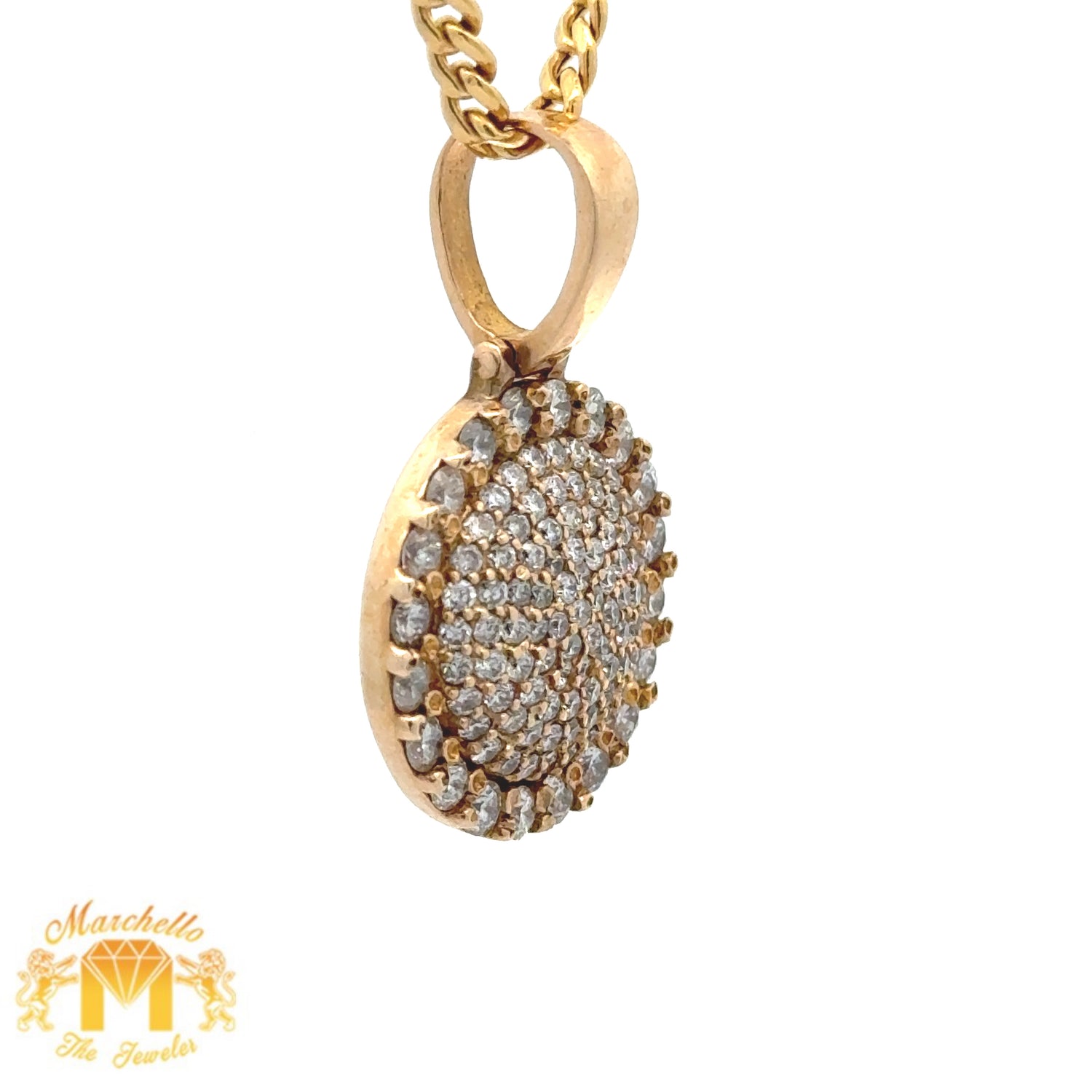14k Yellow Gold and Diamond Round Pendant and Yellow Gold Cuban Link Chain Set