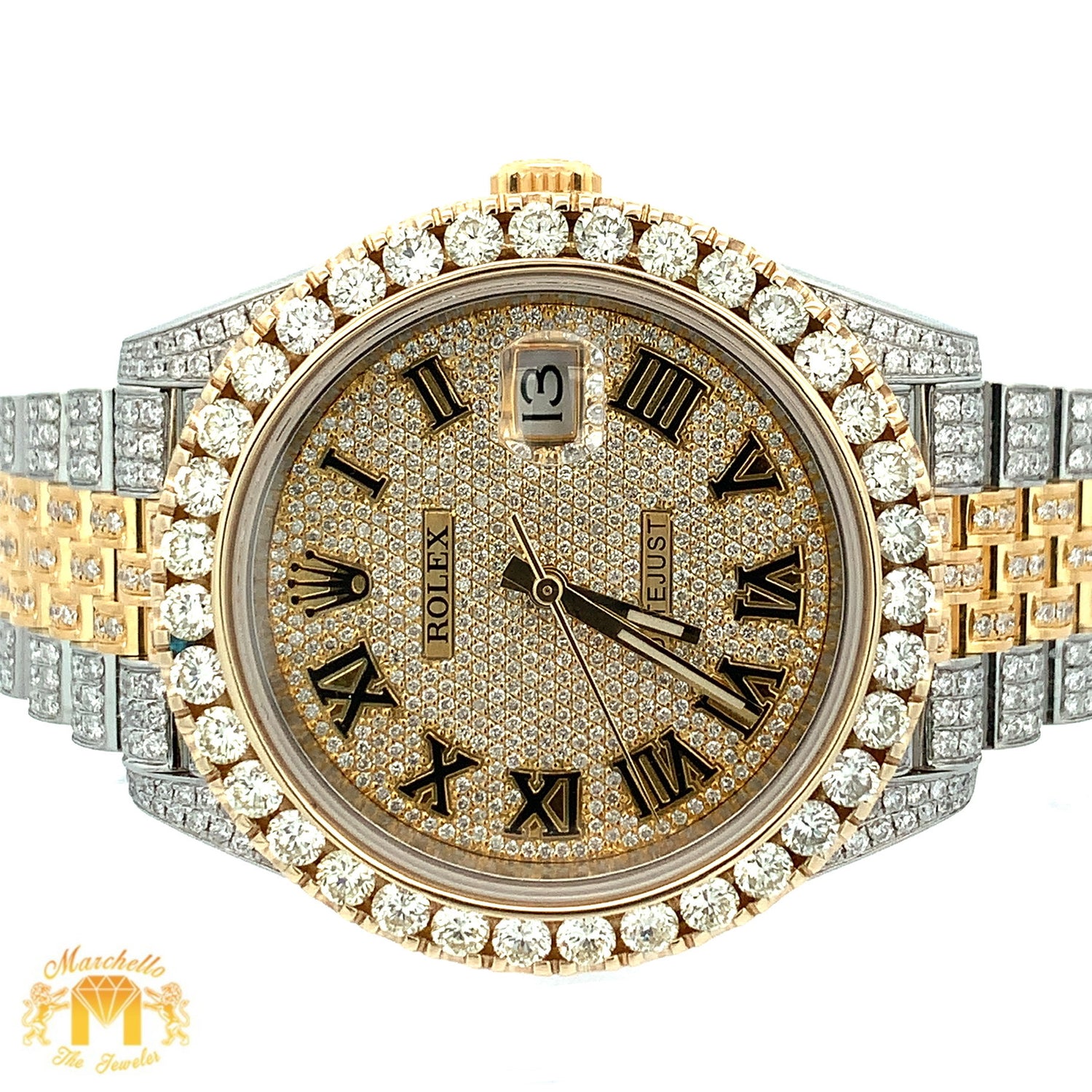 4 piece deal: 41mm Iced out 18k Gold Rolex Watch with Two-Tone Jubilee Bracelet +  Two-tone Gold Twin Squares Cuff Diamond Bracelet + Flower Diamond Earrings Set + Gift from Marchello the Jeweler