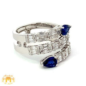 VVS/vs EF color high clarity diamonds set in a 18k Gold Stack Blue Sapphire Ring with Baguette Diamonds