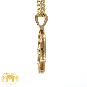 14k Yellow Gold and Diamond Hamsa Pendant and Yellow Gold Cuban Link Chain (choose your color)