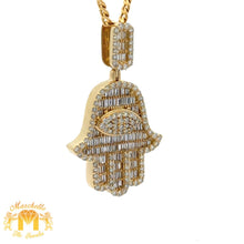 Load image into Gallery viewer, 14k Gold and Diamond Hamsa Pendant with Round and Baguette Diamonds and 14k Gold Cuban Link Chain Set (choose your color)