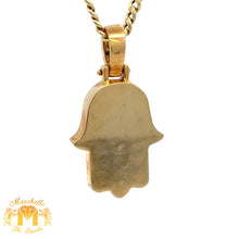 Load image into Gallery viewer, 14k Yellow Gold Blue Enamel and Diamond Hamsa Pendant and Yellow Gold Cuban Link Chain