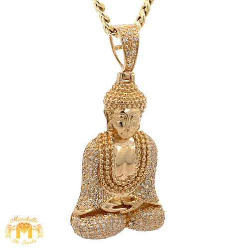 Yellow gold and Diamond Buddha Pendant with Round Diamonds and Yellow Gold Cuban Link Chain Set