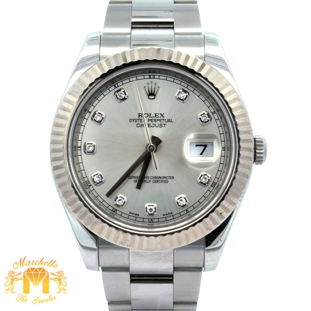 41mm Rolex Watch with Stainless Steel Oyster Bracelet (diamond silver dial, fluted bezel) (Model number: 116334)