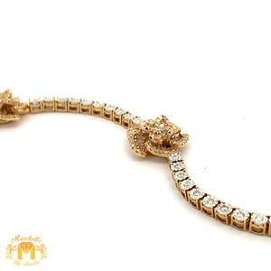 Yellow Gold and Diamond Three Flowers Tennis Bracelet with Round and Baguette diamonds