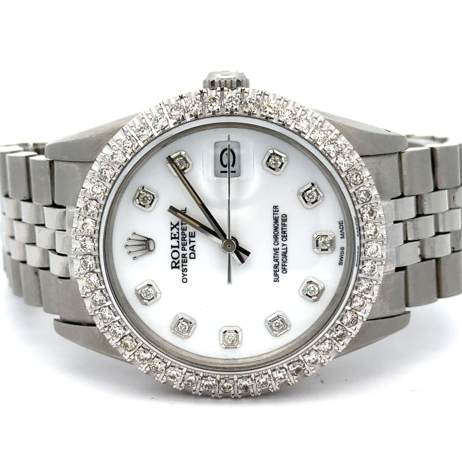 34mm Rolex Diamond Watch with Stainless Steel Jubilee Bracelet (custom diamond bezel, custom diamond white dial)