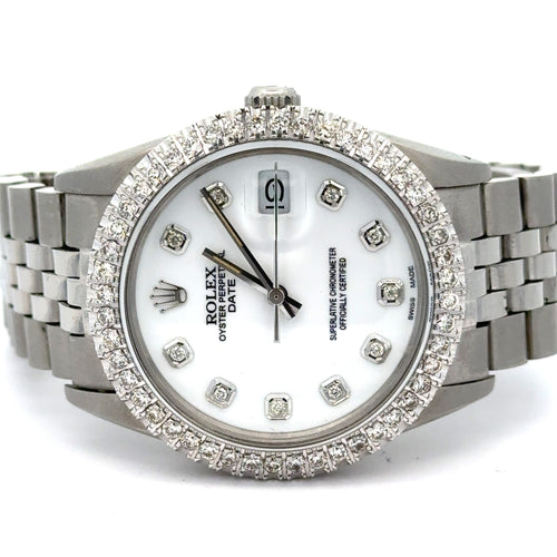 34mm Rolex Diamond Watch with Stainless Steel Jubilee Bracelet (custom diamond bezel, custom diamond white dial)