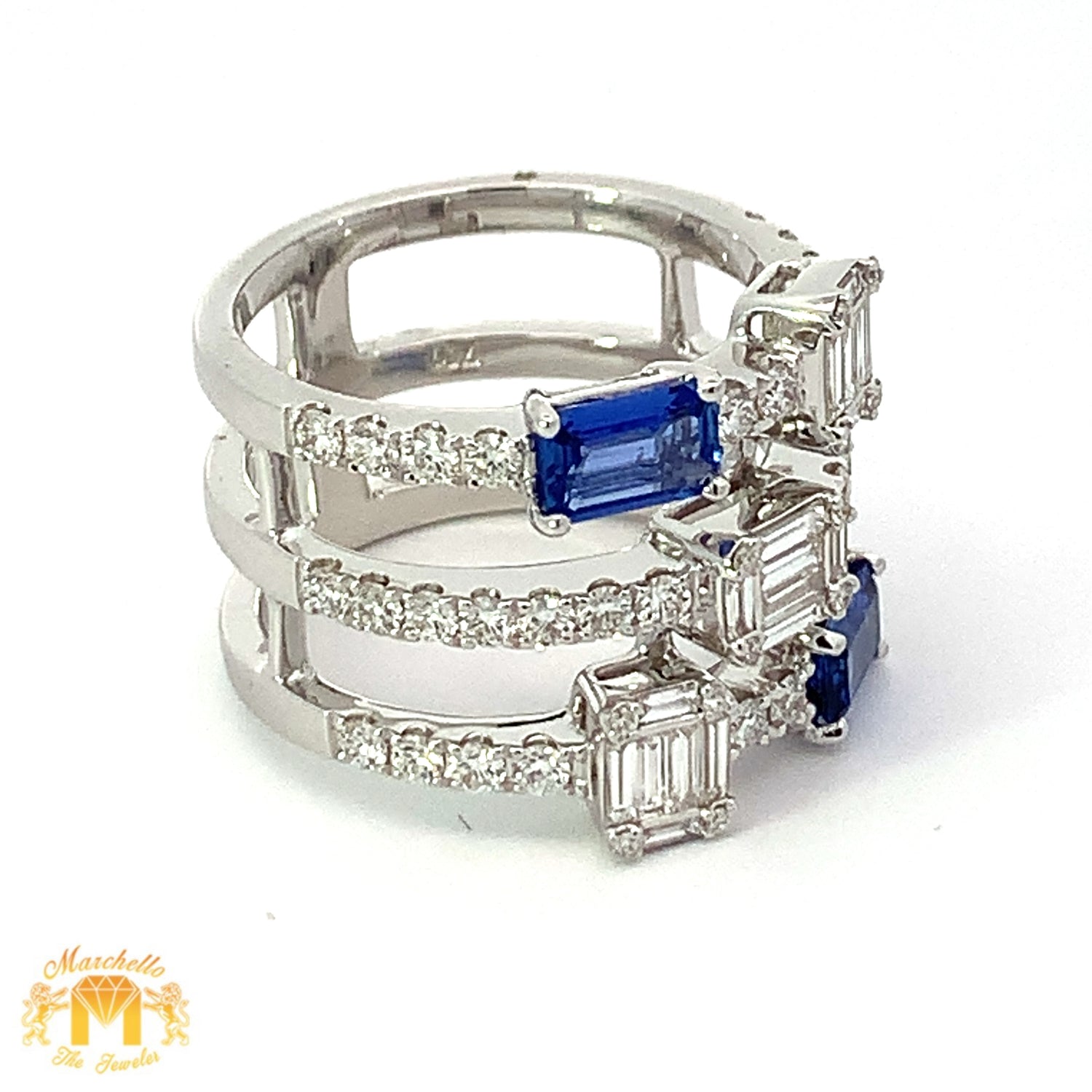 VVS/vs EF color high clarity diamonds set in a 18k Gold Stack Blue Sapphire Ring with Baguette and Round Diamonds