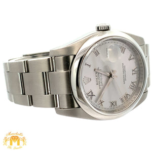 36mm Rolex Watch with Stainless Steel Oyster Bracelet (silver dial, engraved model)
