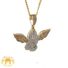 Load image into Gallery viewer, Yellow Gold and Diamond Praying Hand with Wings Pendant and Yellow Gold Cuban Chain