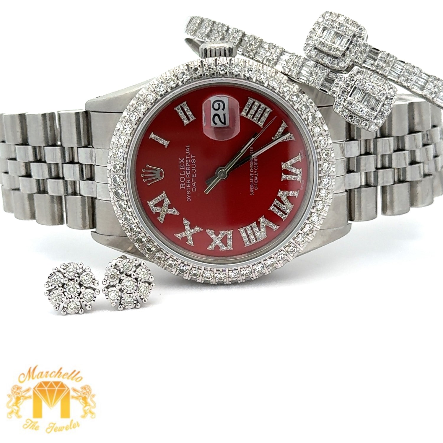 4 piece deal: 36mm Rolex Diamond Watch with Stainless Steel Jubilee Bracelet  + White Gold & Diamond Square Shape Bangle + Diamond and Gold Earrings Set + Gift