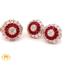 Load image into Gallery viewer, 3 piece deal: VVS/vs high clarity diamonds set in a 18k Gold Pear Cut Ruby Stone Circle Ring+ Earrings with Baguette and Round Diamonds + Gift from Marchello the Jeweler