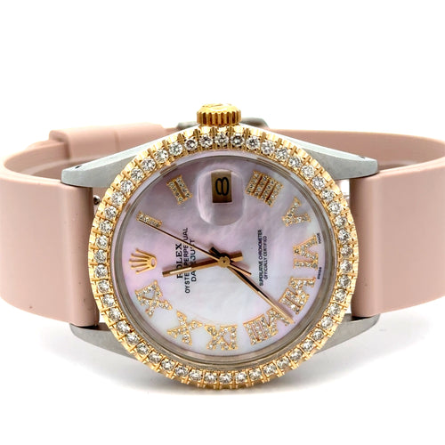 36mm Rolex Datejust Diamond Watch with Pink Rubber Band (diamond bezel, mother of pearl (MOP) diamond dial)