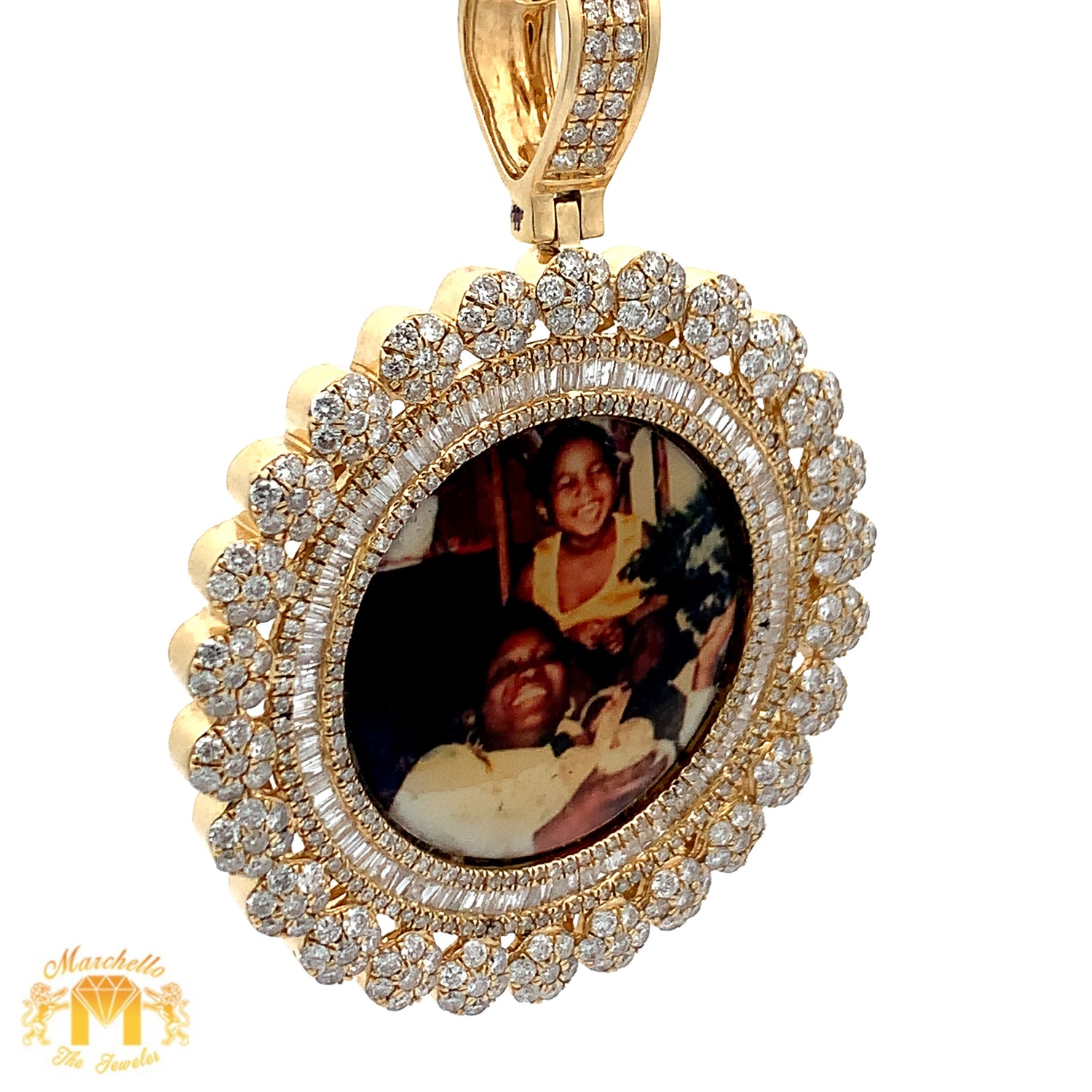 3.33ct Diamonds 14k Yellow Gold Memory Picture Pendant with Baguettes and Round Diamonds