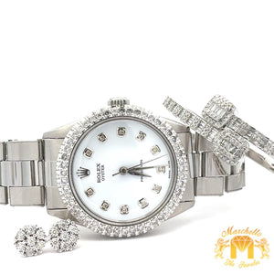 4 piece deal: 34mm Rolex Diamond Watch + White Gold and Diamond Twin Square Bangle + Flower Earrings + Gift from MTJ
