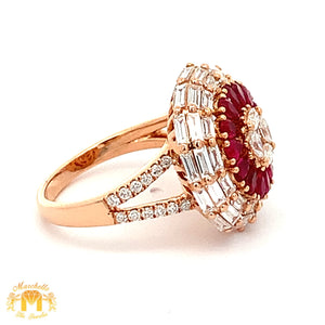 VVS/vs high clarity diamonds set in a 18k Gold Pear Cut Ruby Stone Circle Ring with Baguette and Round Diamonds