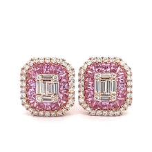 Load image into Gallery viewer, VVS/vs high clarity diamonds set in a 18k Rose Gold Ladies`Earrings with Pink Sapphire and Round Diamonds