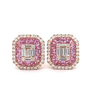 VVS/vs high clarity diamonds set in a 18k Rose Gold Ladies`Earrings with Pink Sapphire and Round Diamonds