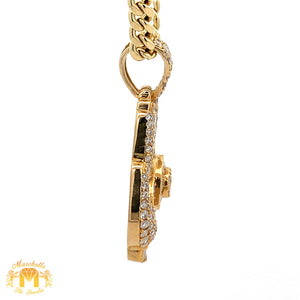 14k Yellow Gold and Diamond Praying Hand Pendant with Round and Baguette Diamonds and 14k Yellow Gold Cuban Link Chain Set