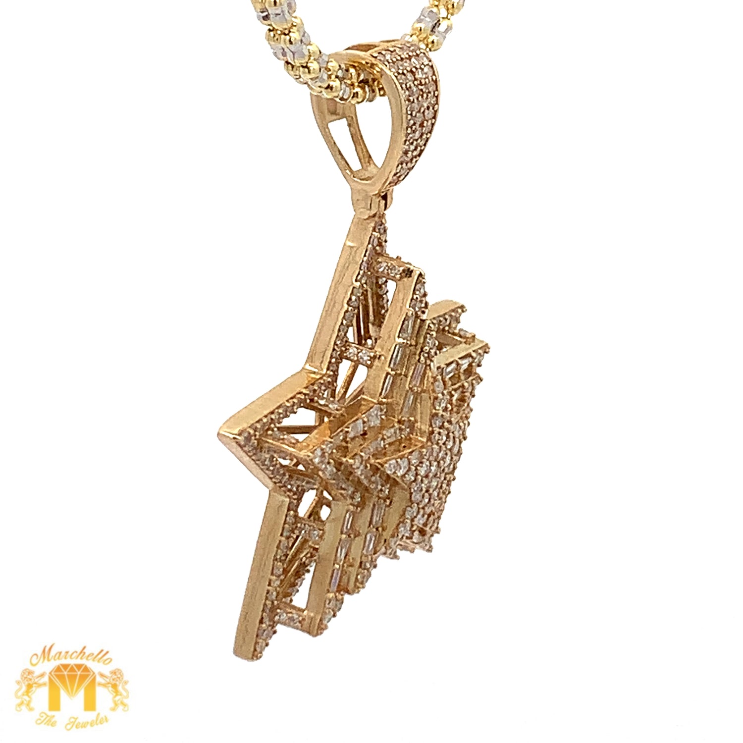 14k Yellow Gold & Diamond Star Pendant with Round and Baguette diamonds and 2mm Ice Link Chain Set